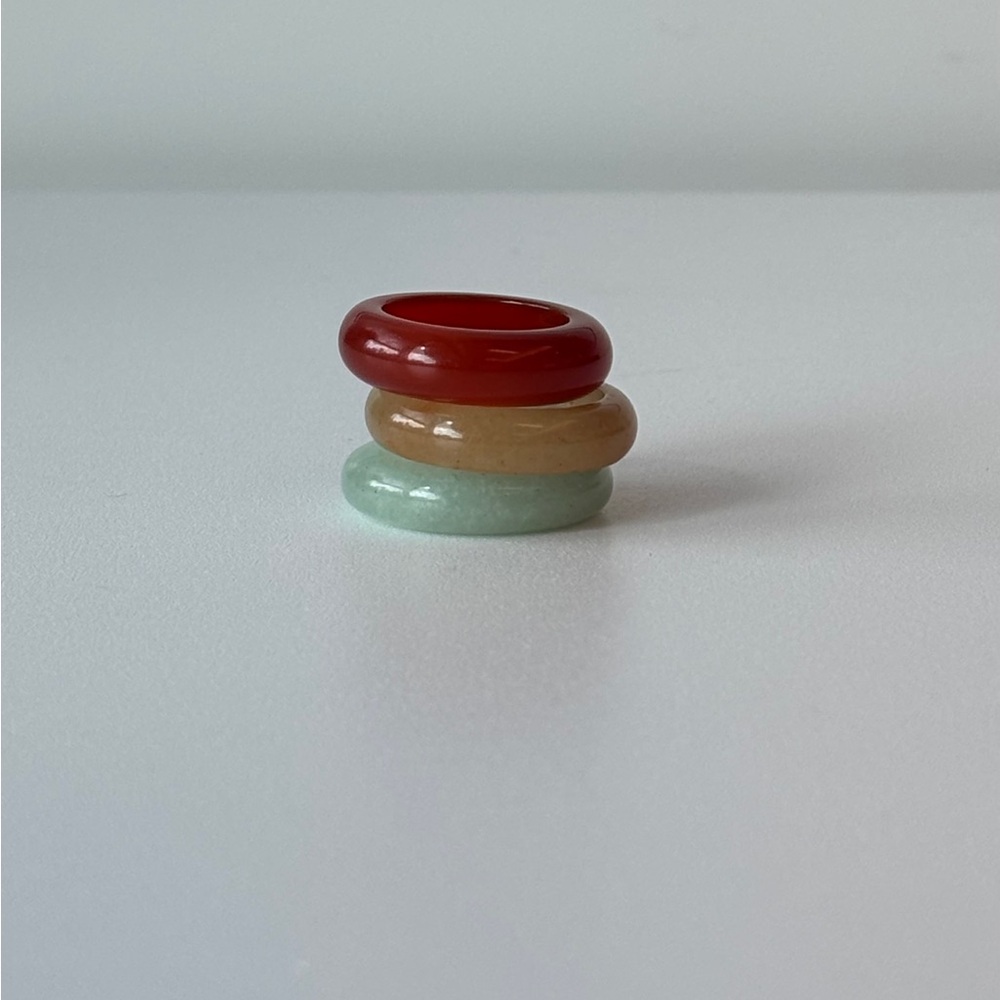 Stone Trilogy Stack Yellow Jade Red Agate Aventurine Ring Set Of 3 Bands, Size 7 - Picture 6 of 9